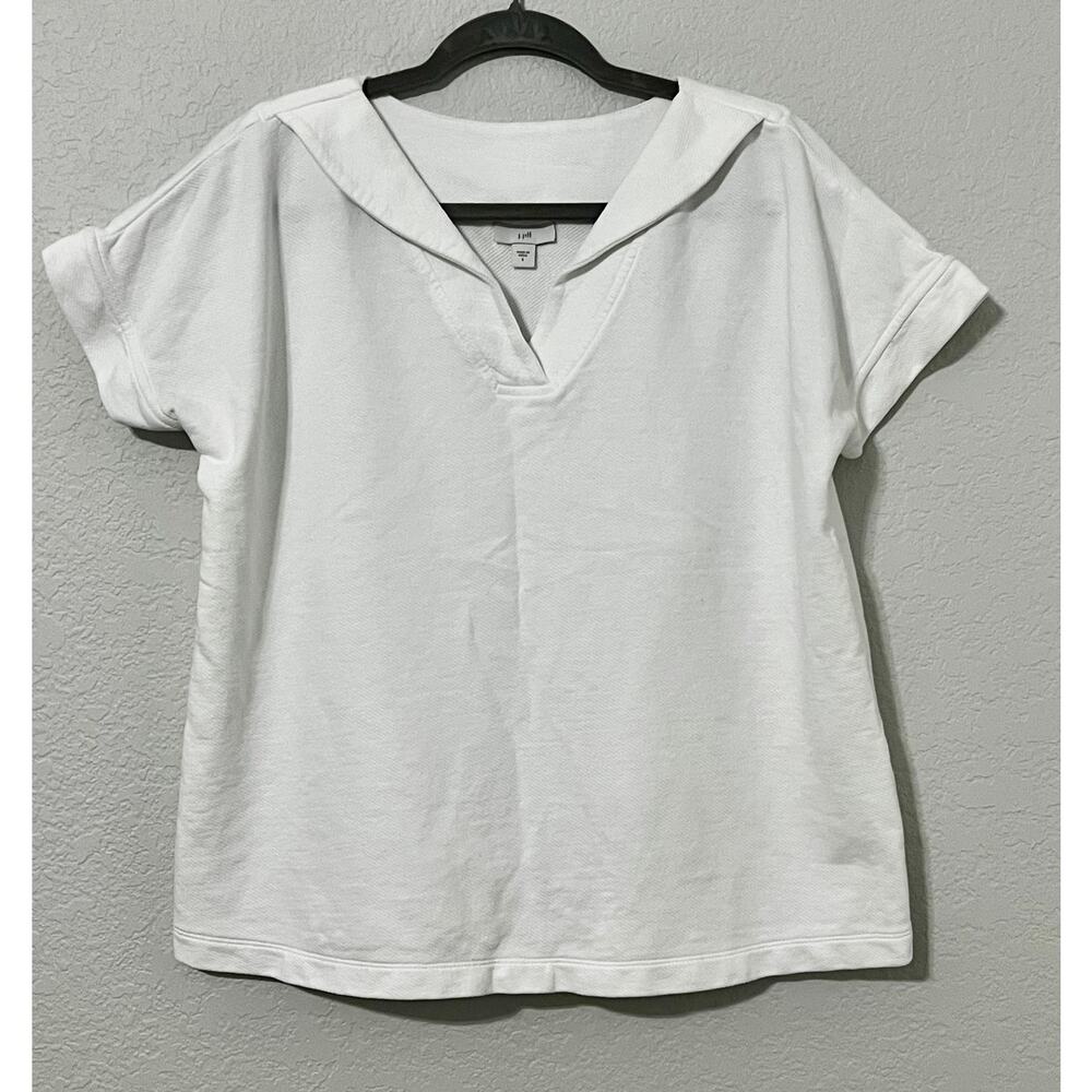 J Jill White Terry Knit 100%Cotton Short-Sleeve Top Mock Collar V-Neck S